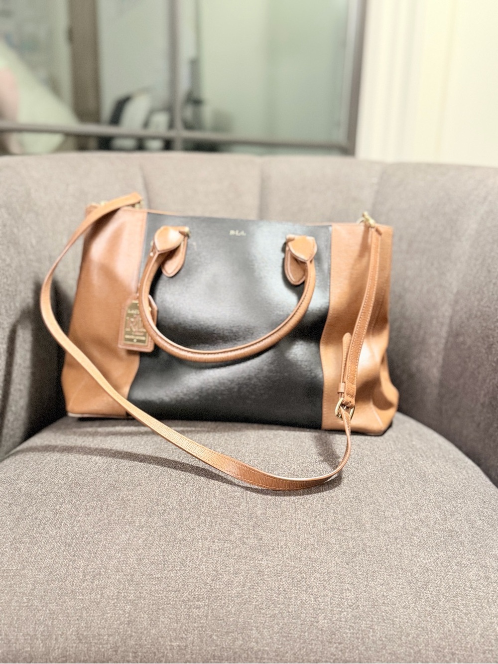 Ralph Lauren Newbury Black and Brown Two-Tone Leather Satchel